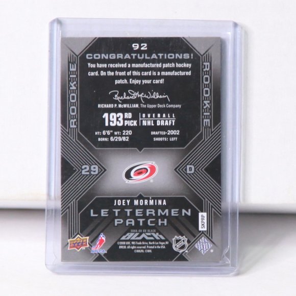 Joey Mormina UD Black Lettermen Patch Card 2008/09 Carolina Hurricanes 058/399 - Picture 2 of 2